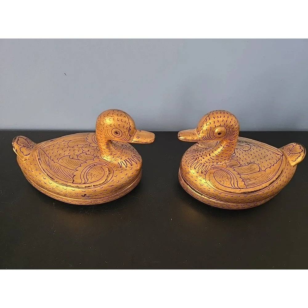 Pair of‎ Burmese Gold Gilt Lacquerware Ducks Trinket Boxes